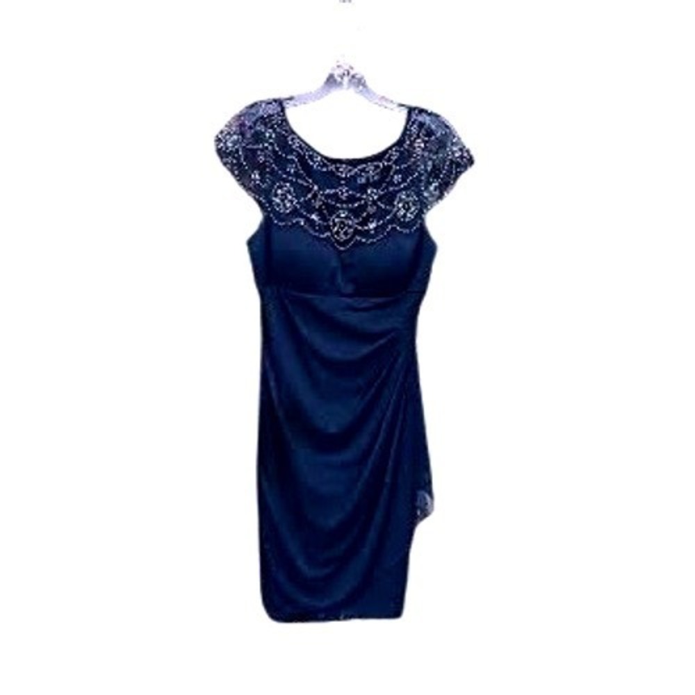 DJ-JAZ Navy Blue Beaded Mesh Cap Sleeve Ruched Cocktail Dress Size 14 Formal